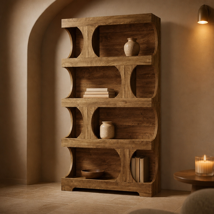 Brown sculptural four-level wood bookcase