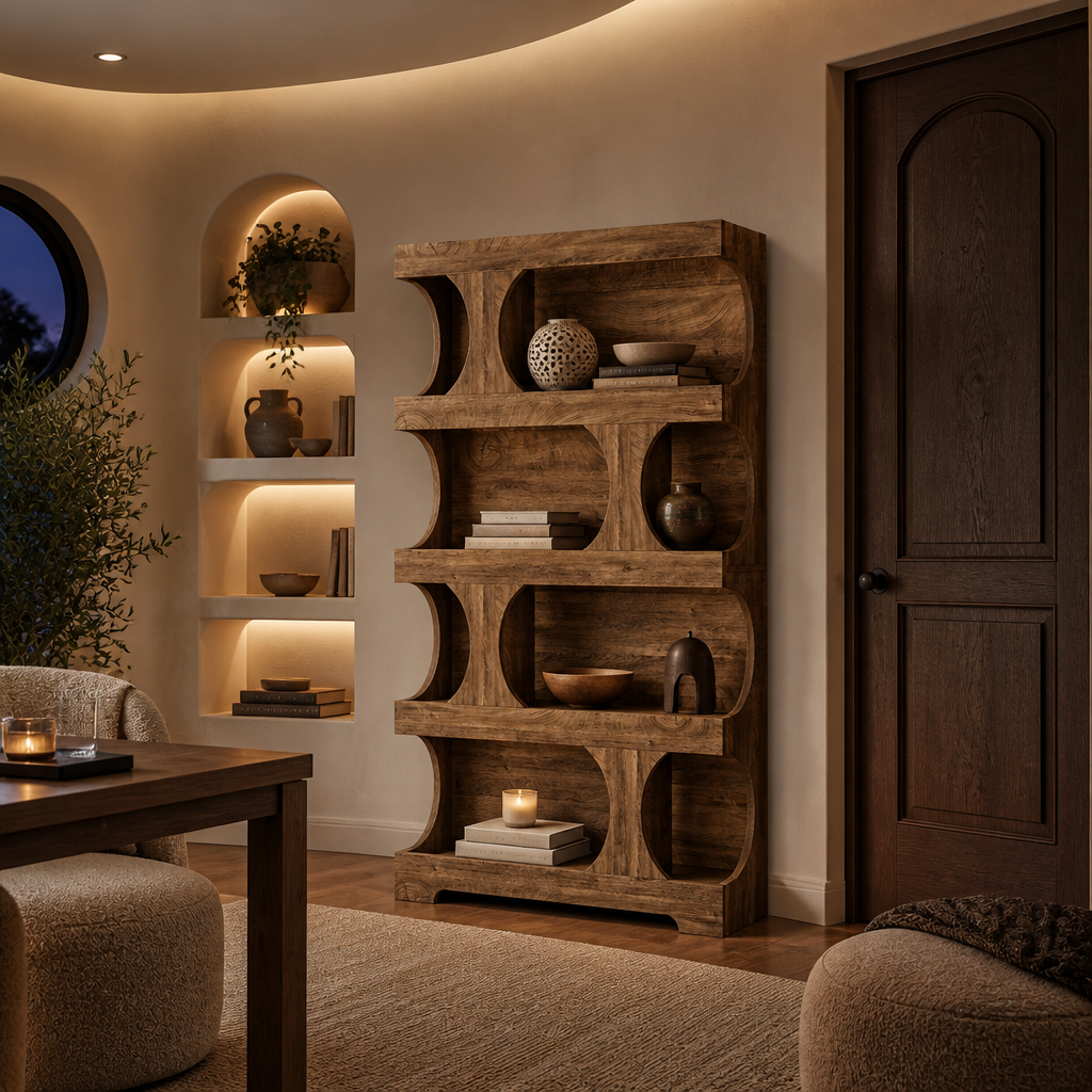 Brown sculptural wood bookcase
