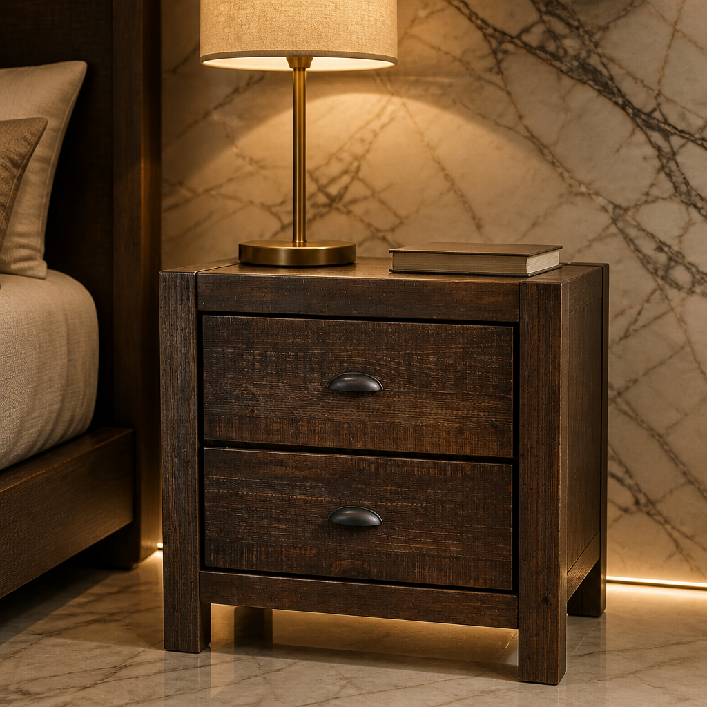 Rustic walnut nightstand hero in marble bedroom