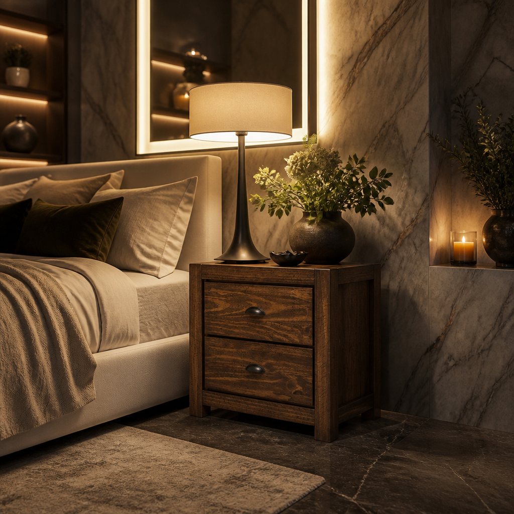 Rustic walnut nightstand beside upholstered bed