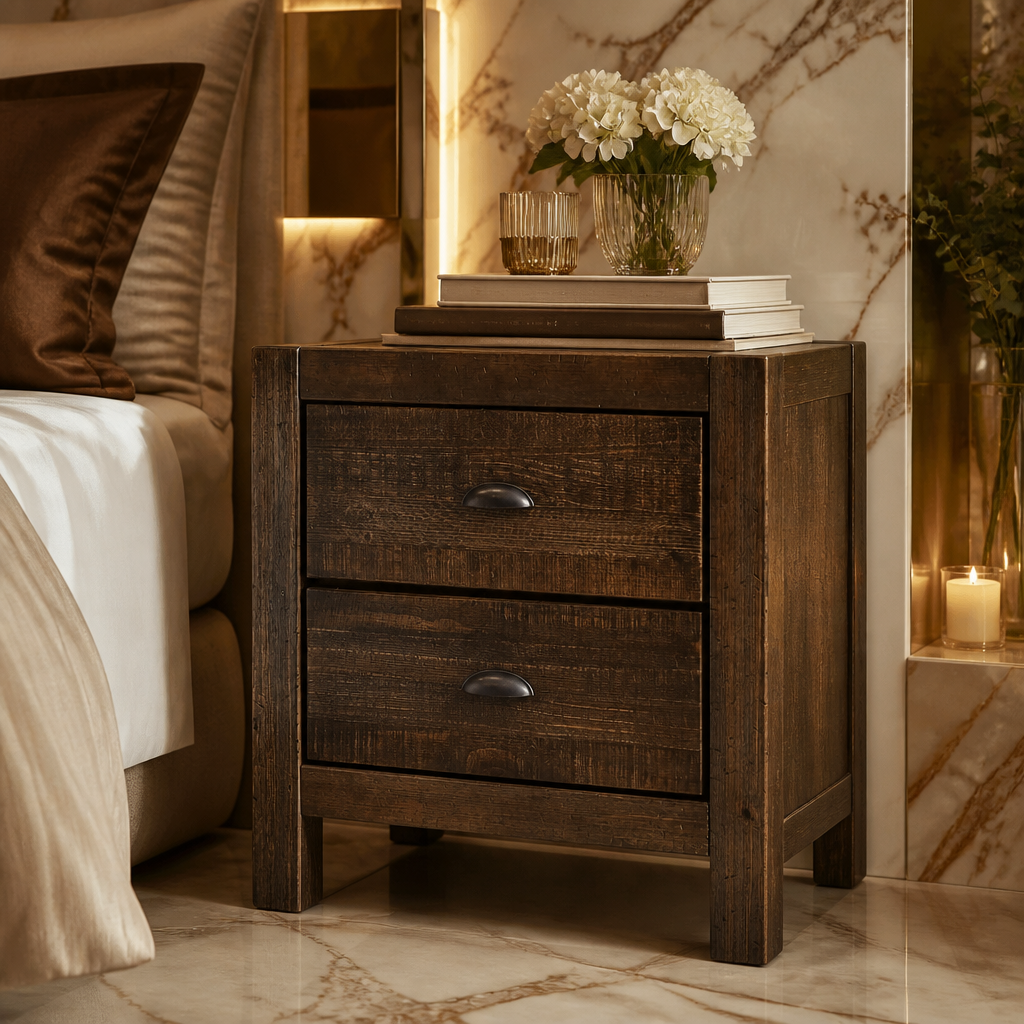 Rustic walnut nightstand three-quarter bedroom view