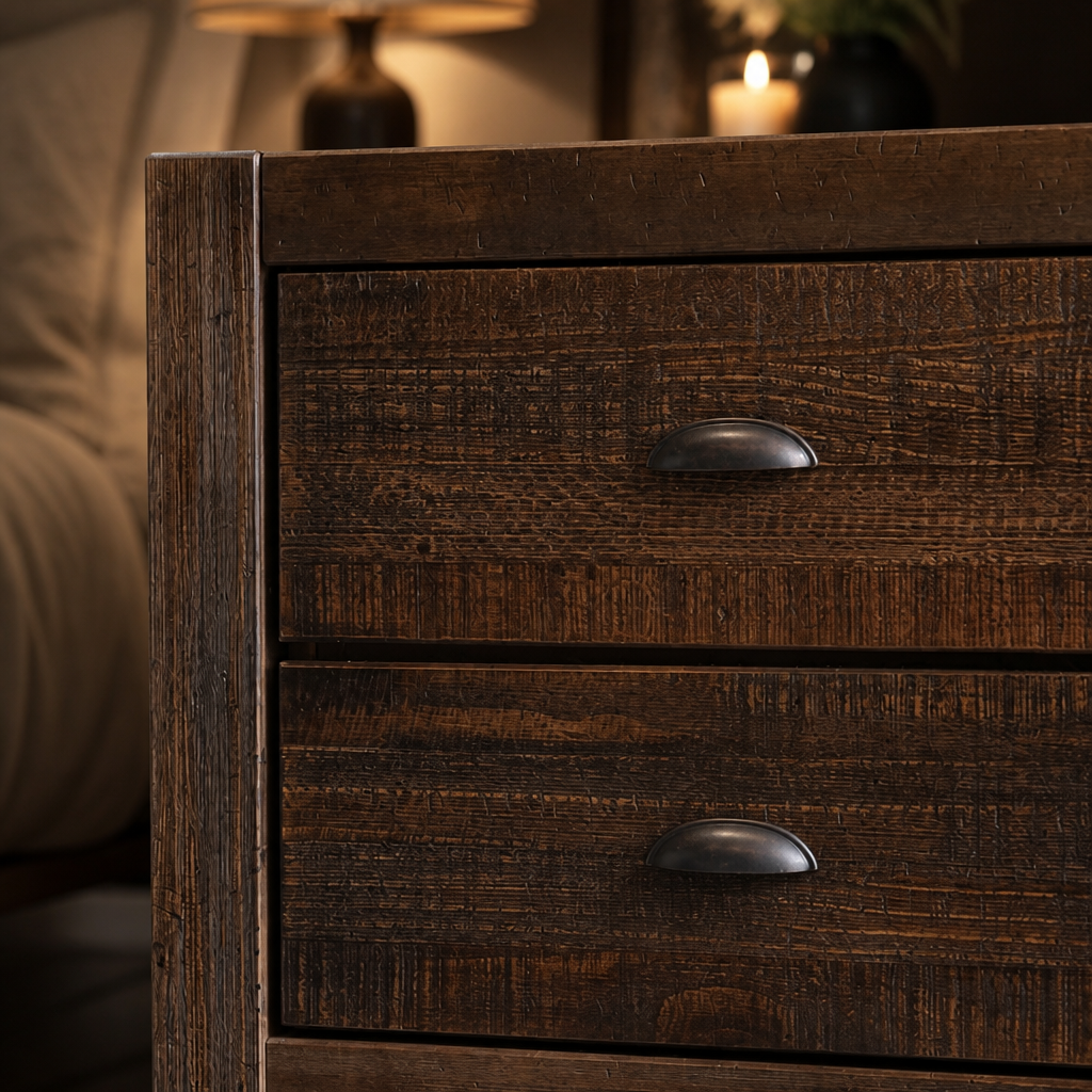 Rustic walnut nightstand drawer and cup-pull detail