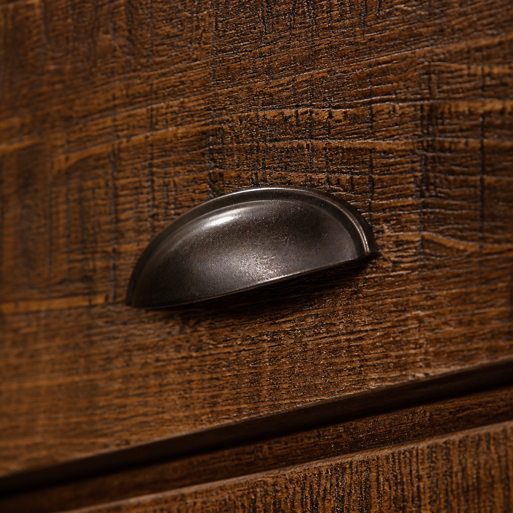 Rustic walnut nightstand wood grain and hardware macro