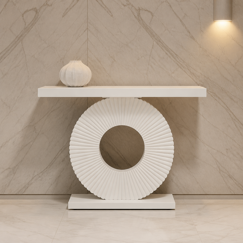 White circular-pedestal console table