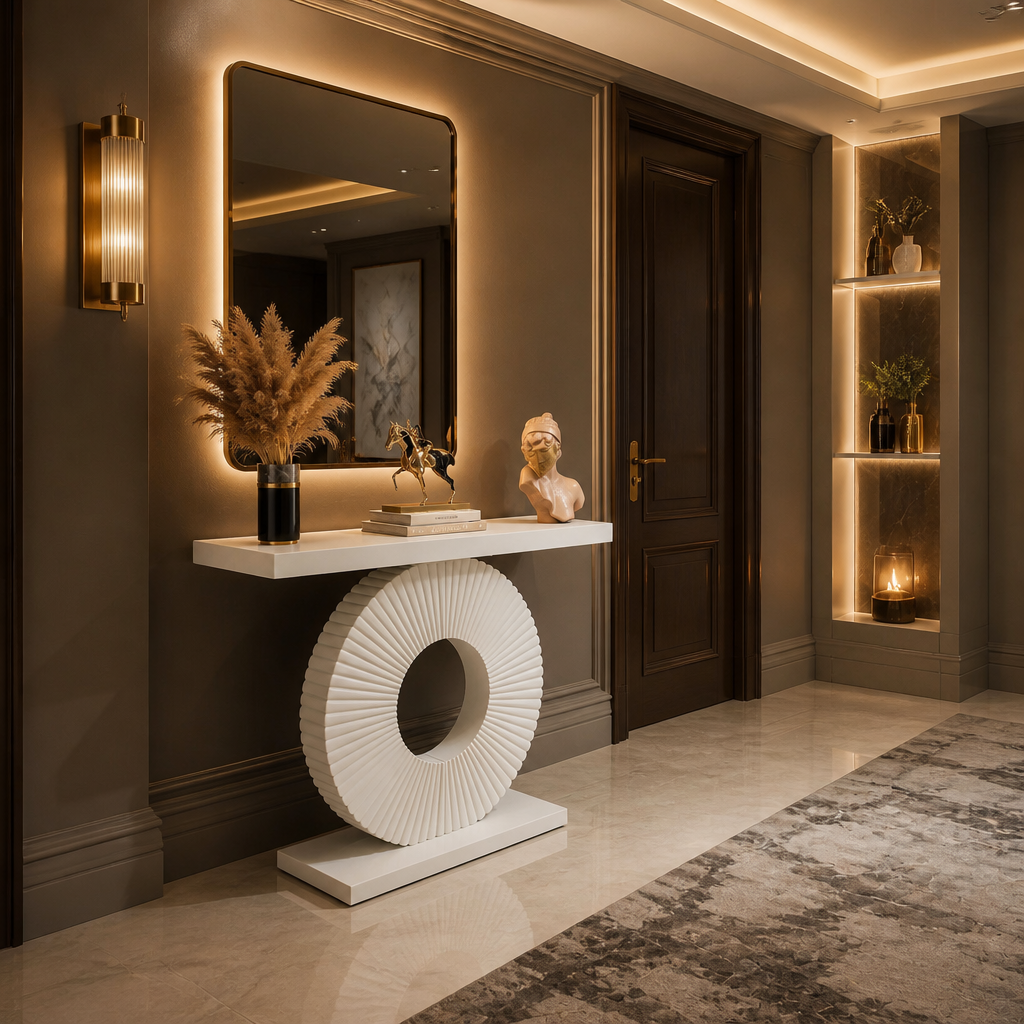 White fluted-ring console beneath a mirror