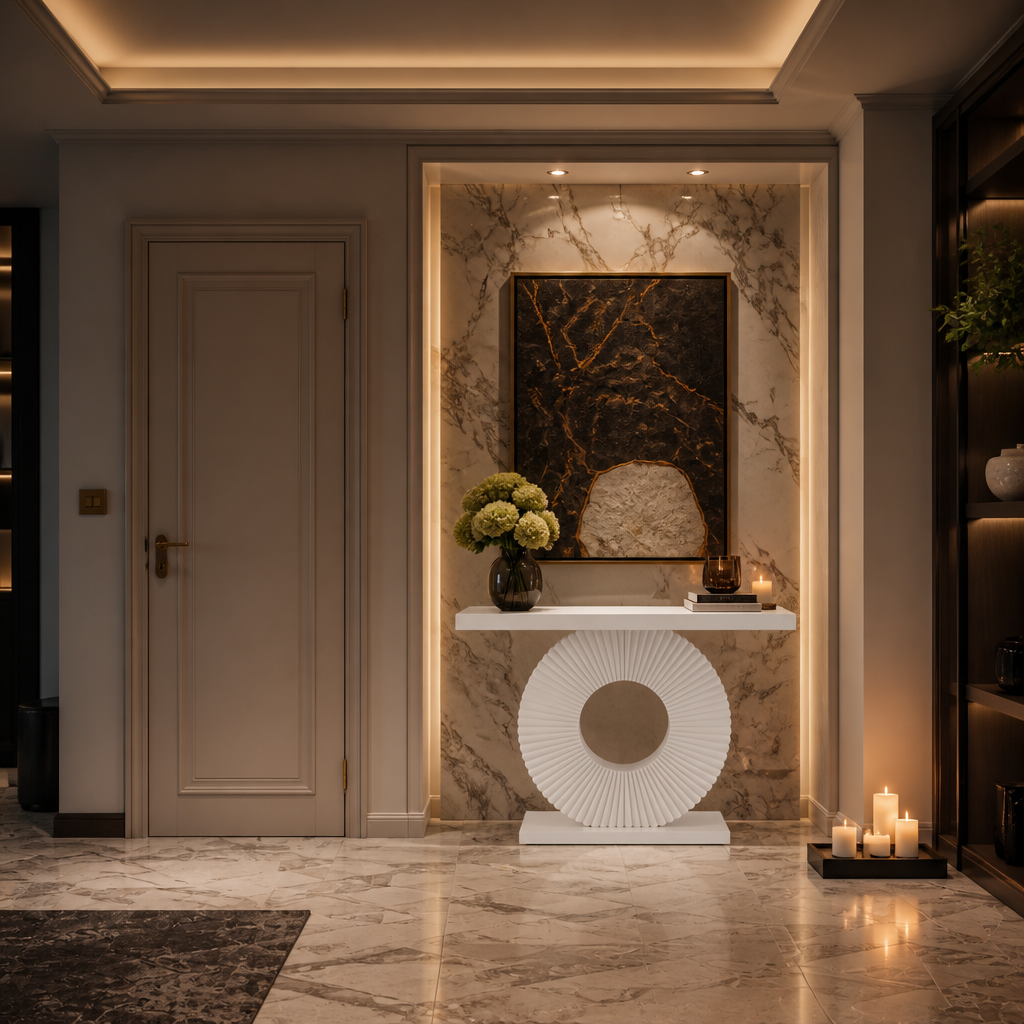 White circular console in a marble niche