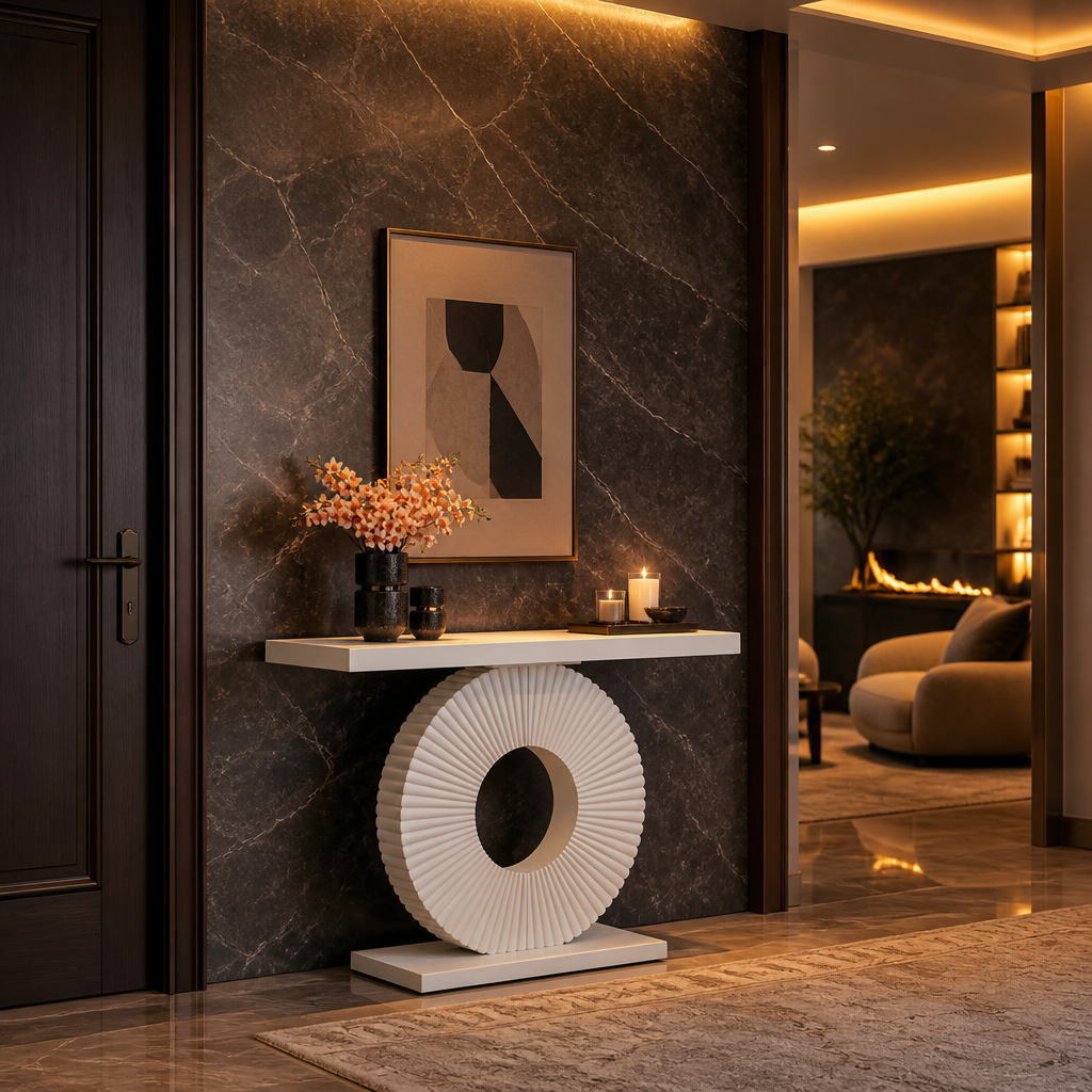 White sculptural console against dark marble