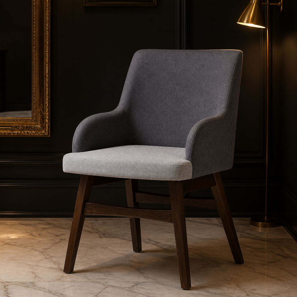 Two-tone grey mid-century accent chair hero