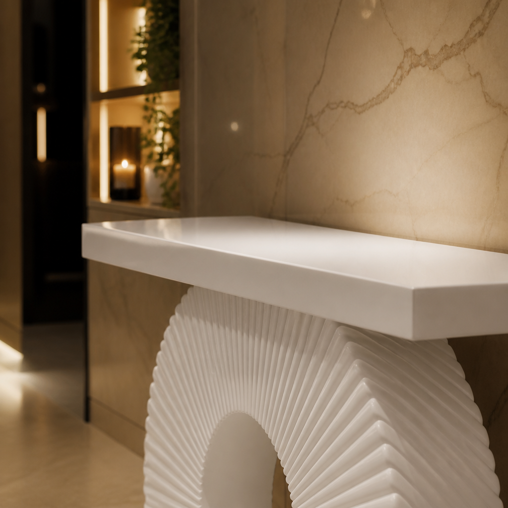 Close detail of the polished console top and fluting