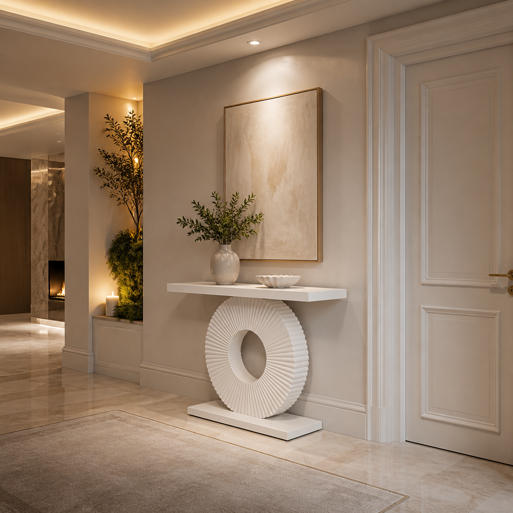White circular-pedestal console table variant