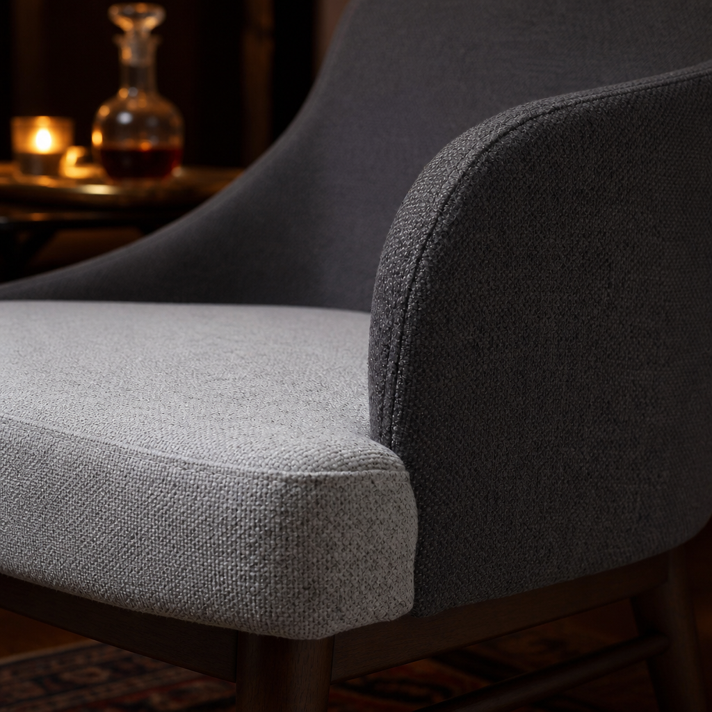 Grey accent chair two-tone upholstery detail