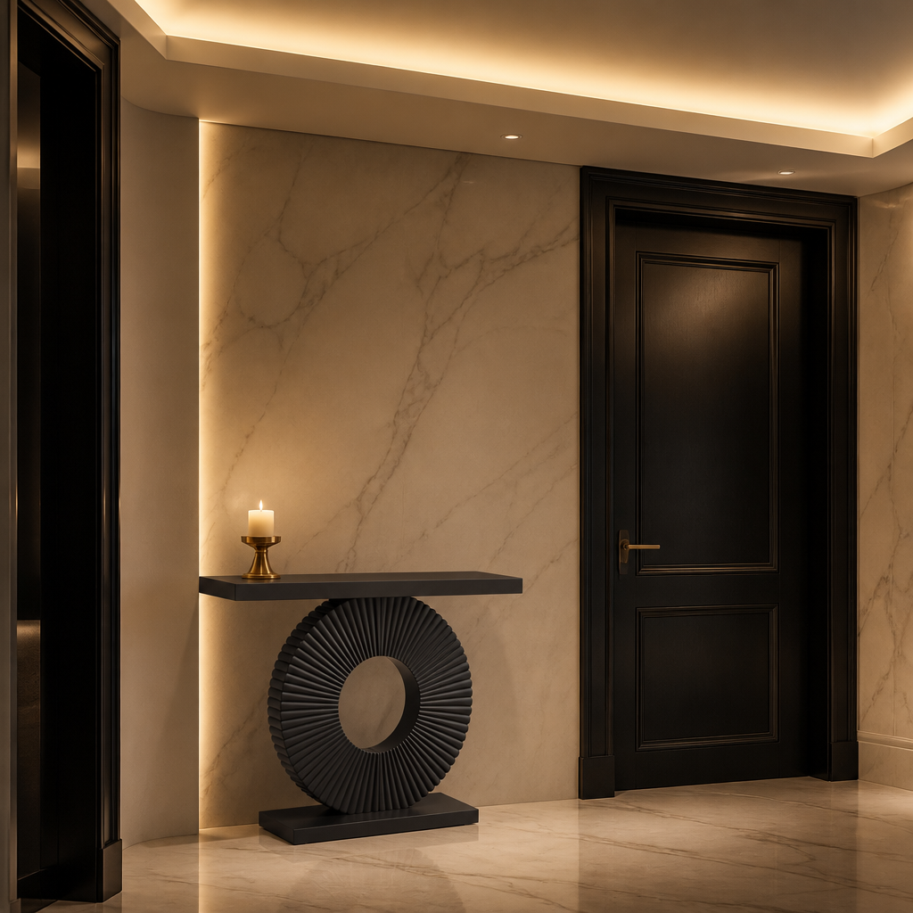 Black circular-pedestal console table variant