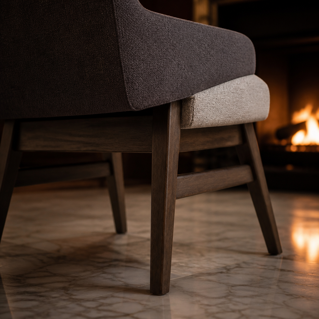 Grey accent chair walnut leg and stretcher detail