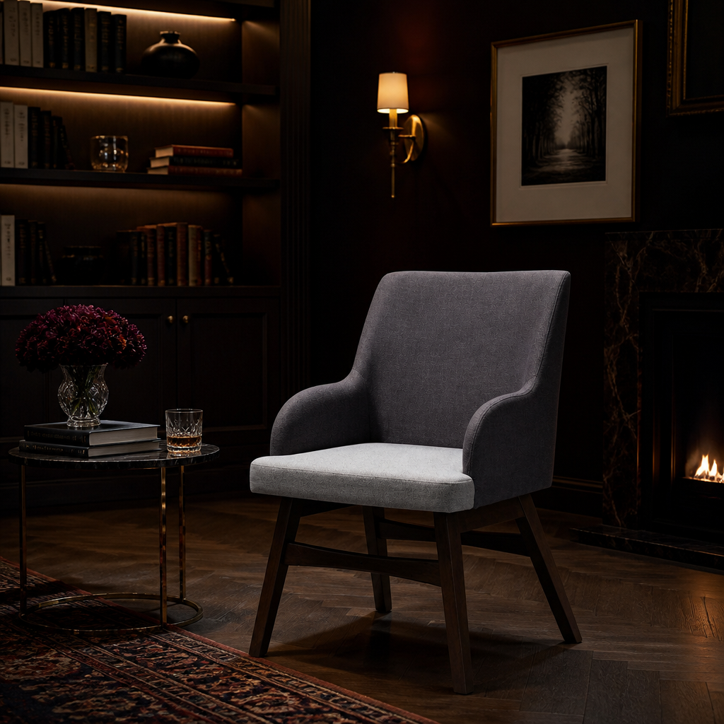 Grey mid-century accent chair library lifestyle