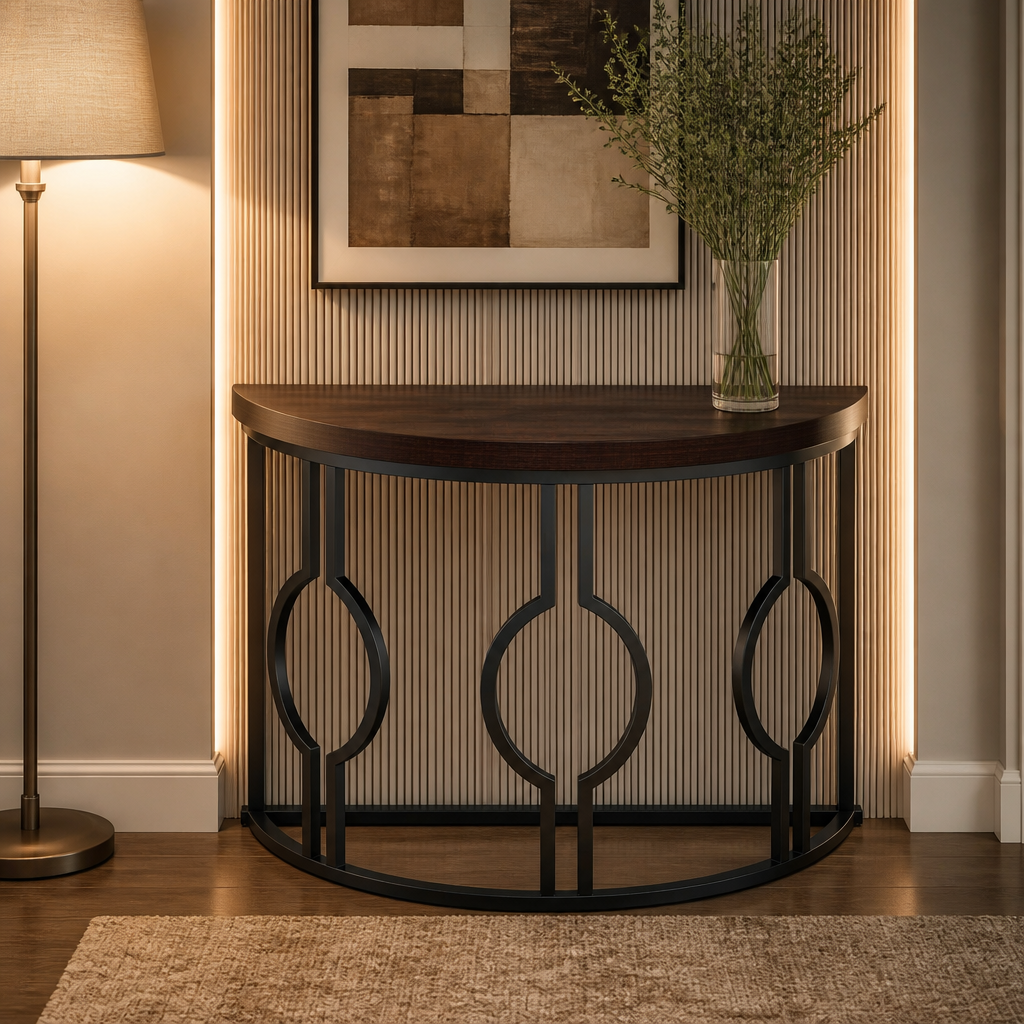Half-moon wood and black metal console table hero