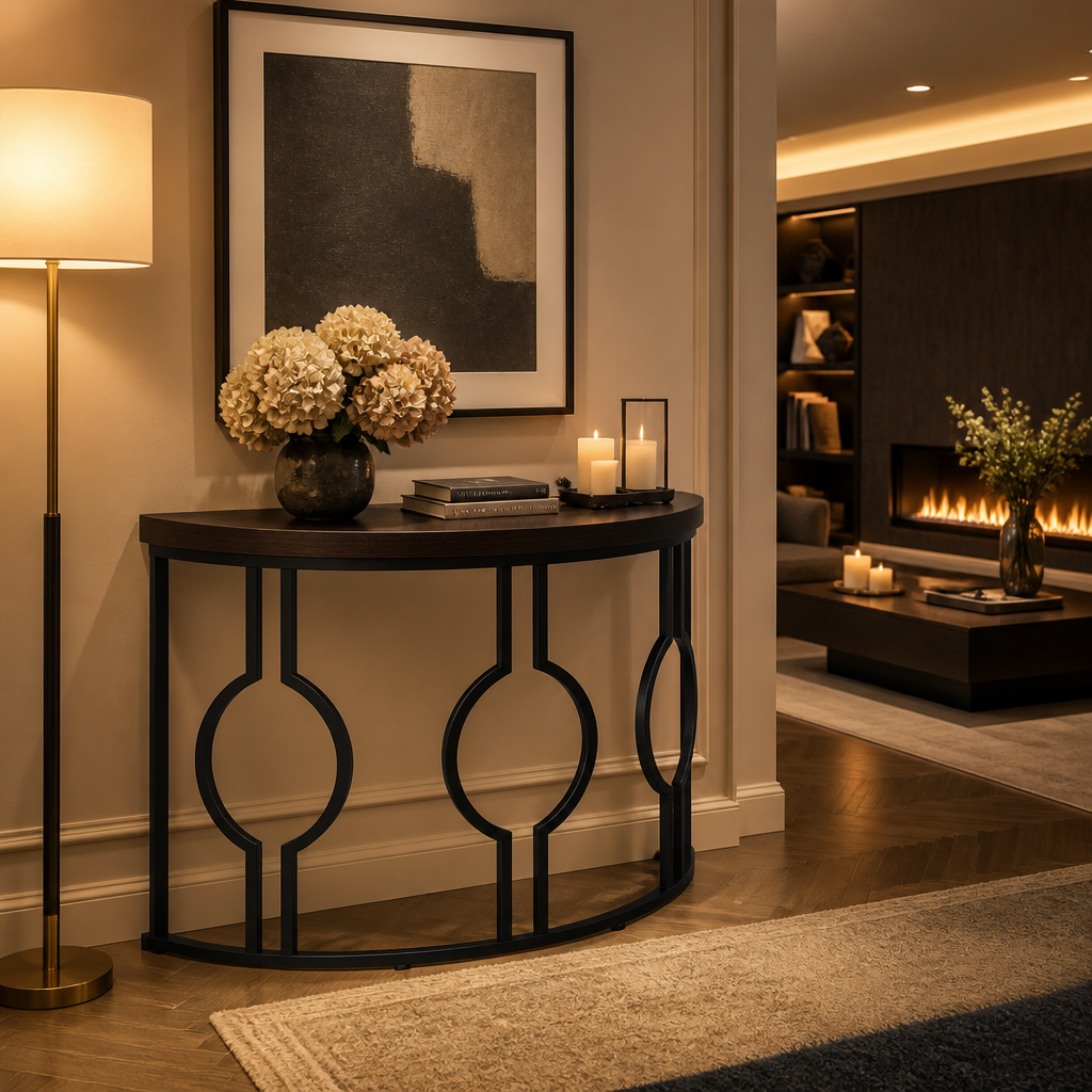 Industrial half-moon console in warm hallway