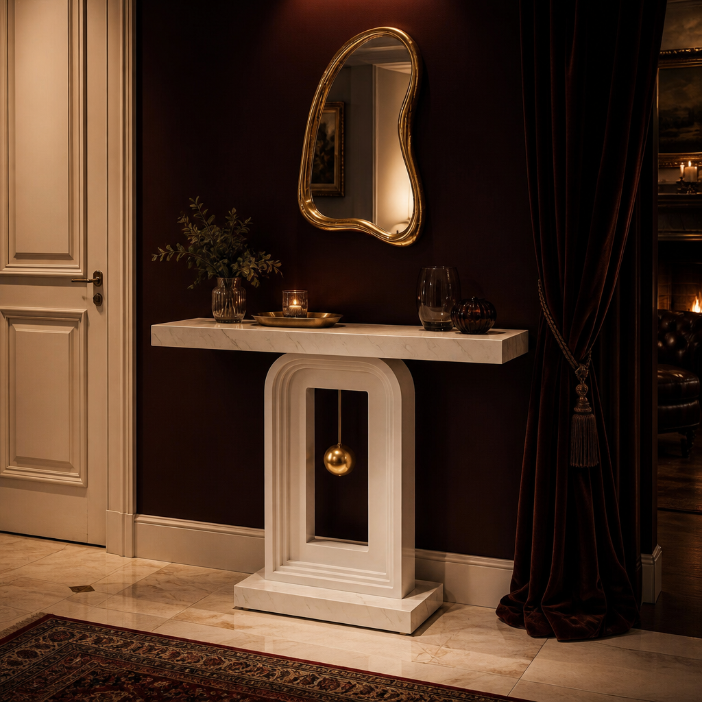 White console beneath a gilt mirror