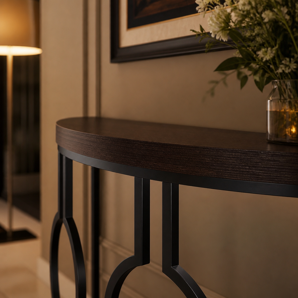 Console wood top and geometric frame detail