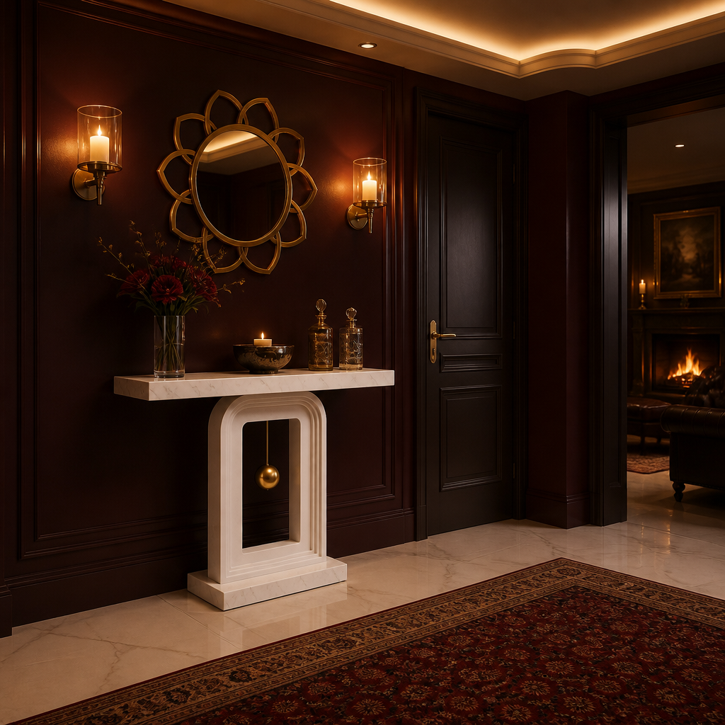 White sculptural console in an oxblood hallway