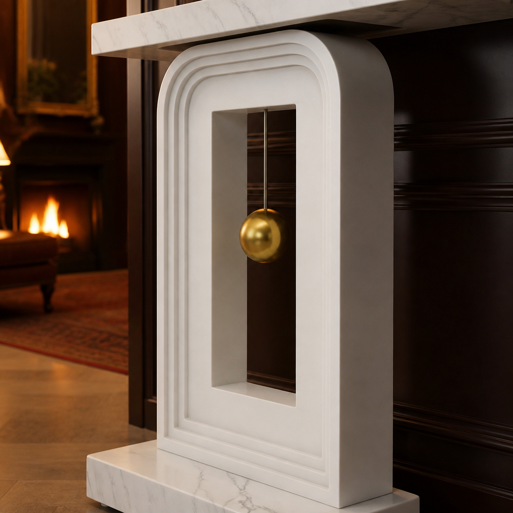 Close detail of the console pedestal and gold sphere