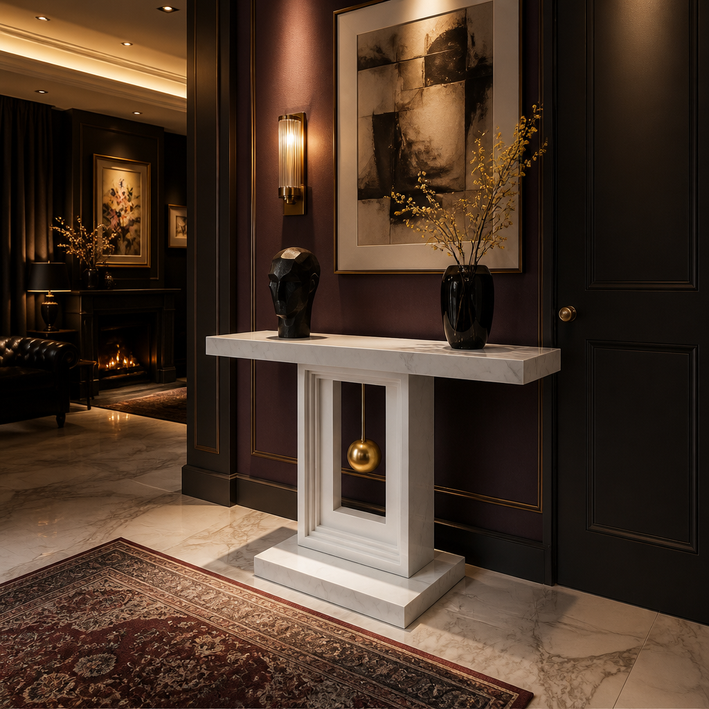 White faux-marble console against dark panelling