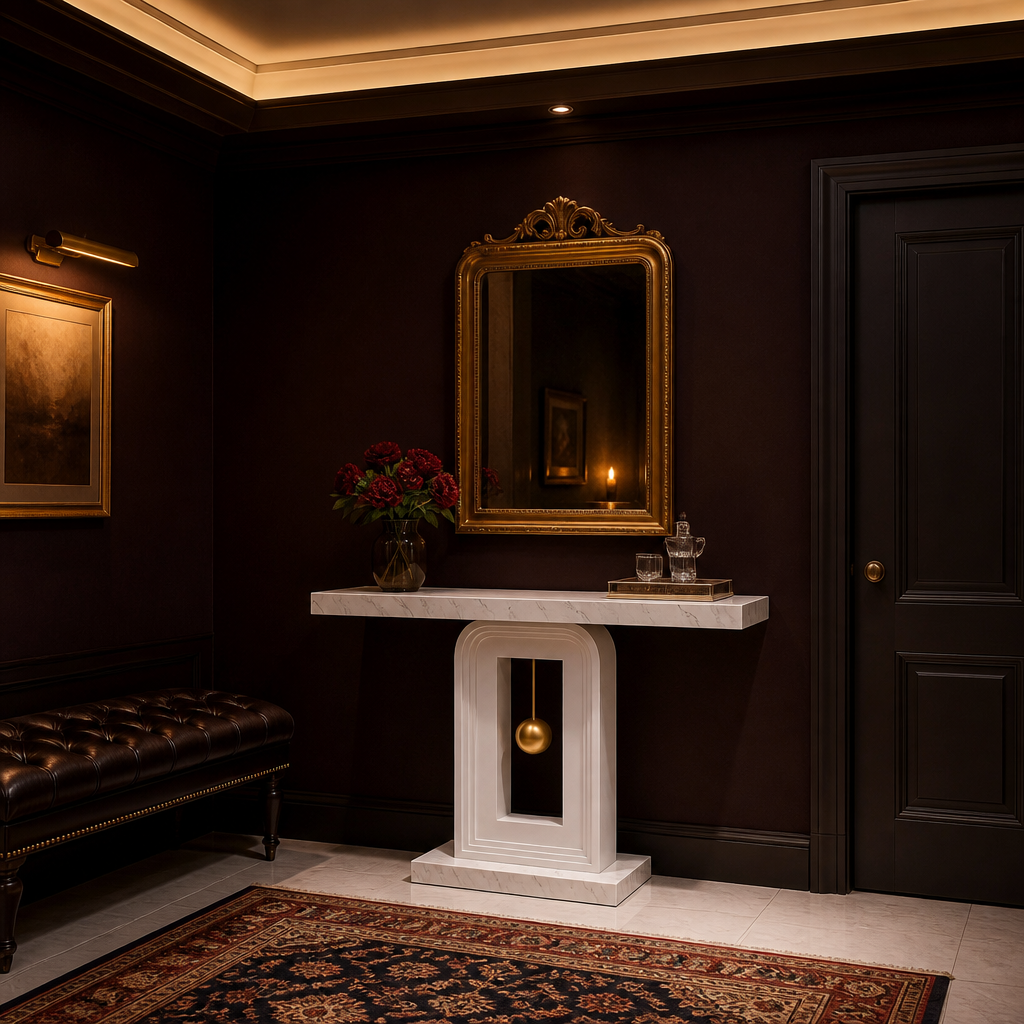 White console table beside a leather bench