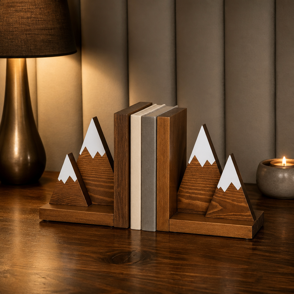 Pair of wooden mountain bookends hero