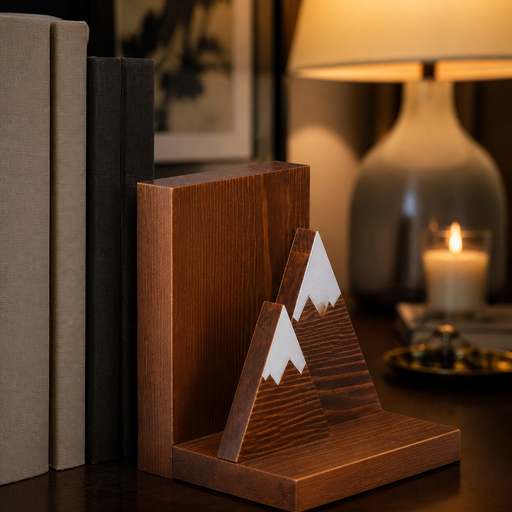 Mountain bookend pine grain and snow-cap detail