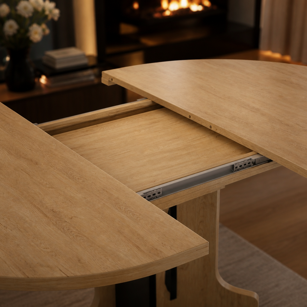 Oak dining table extension-track detail
