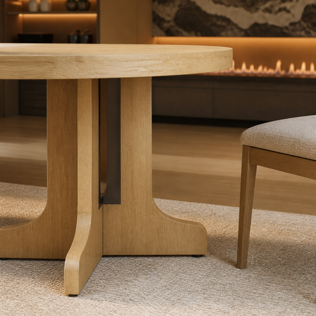 Oak dining table pedestal and top detail