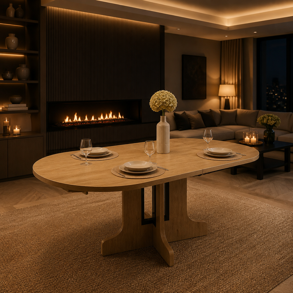 Expanded oak dining table with place settings