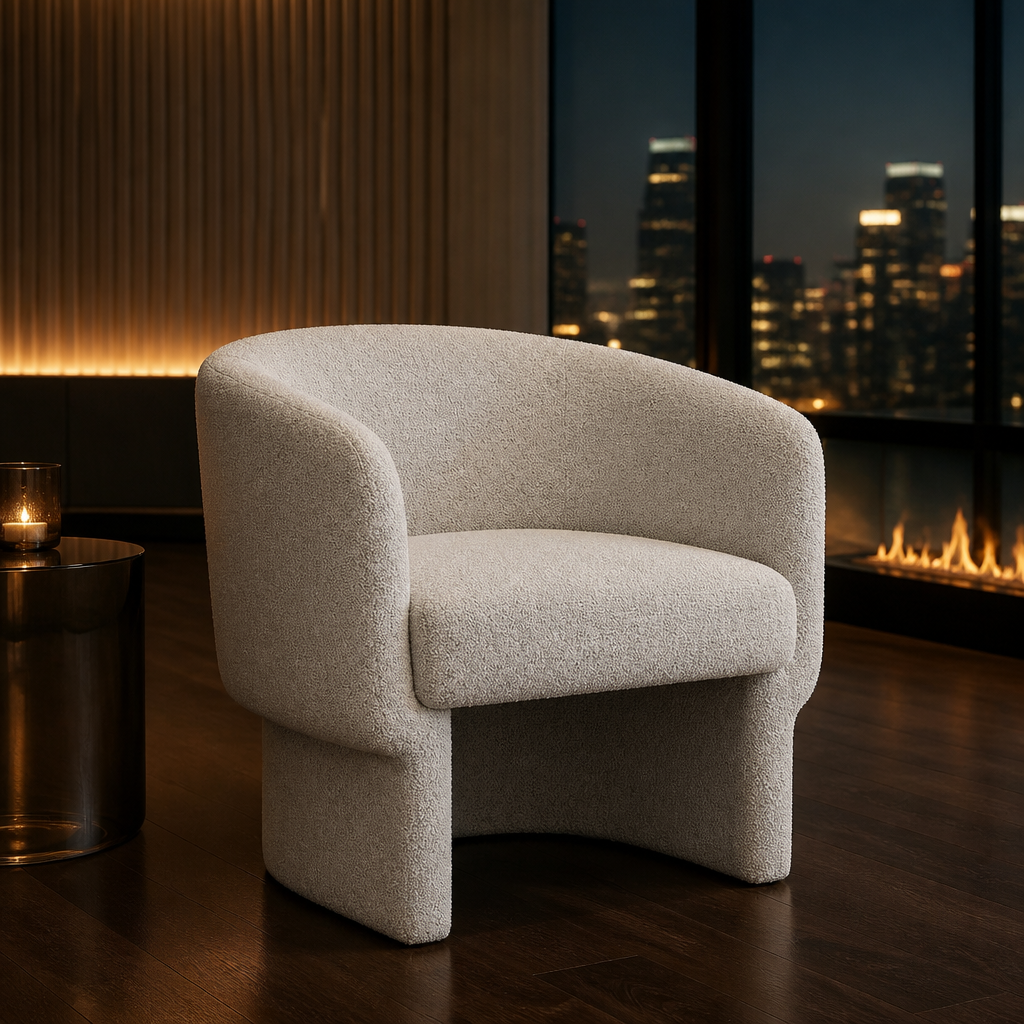 Pale boucle barrel accent chair hero