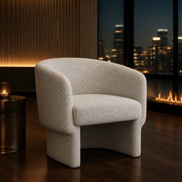 Pale boucle barrel accent chair hero