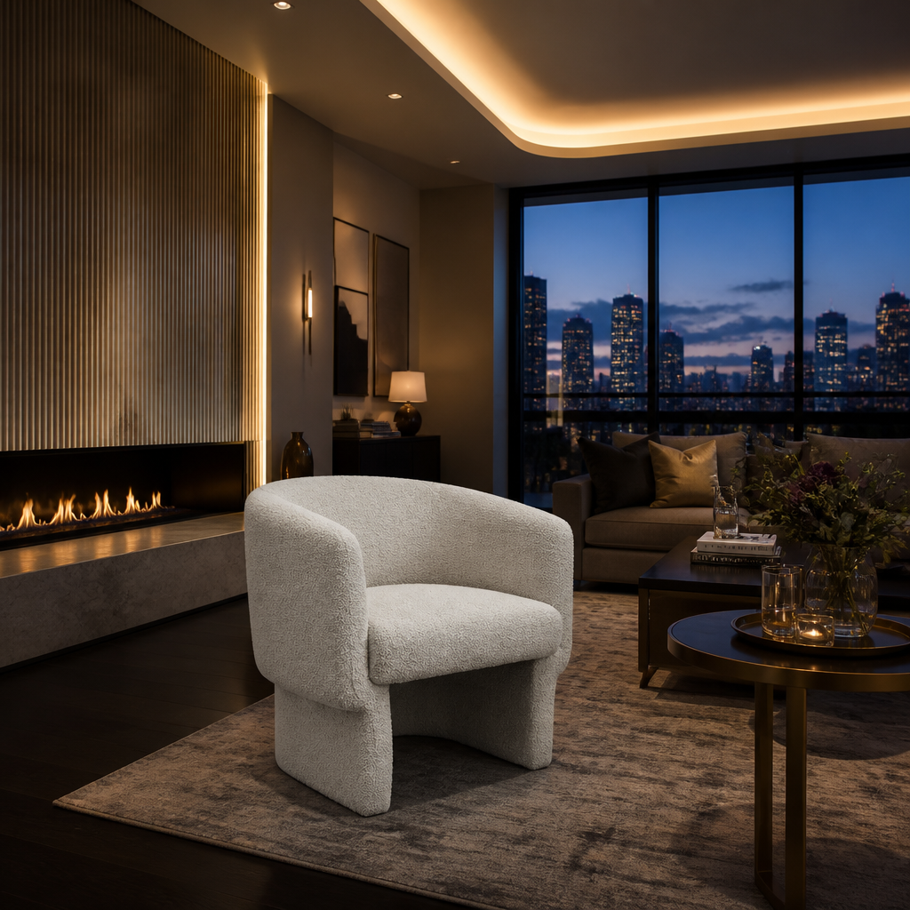 Boucle barrel chair in penthouse living room