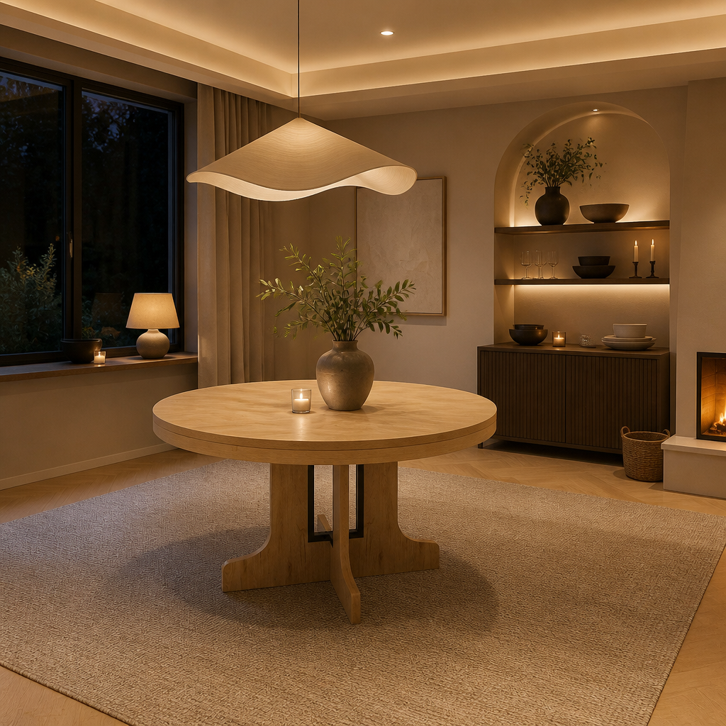 Closed round oak dining table