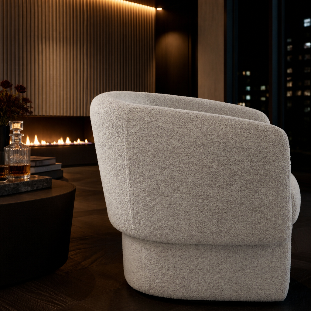Boucle barrel chair curved rear view