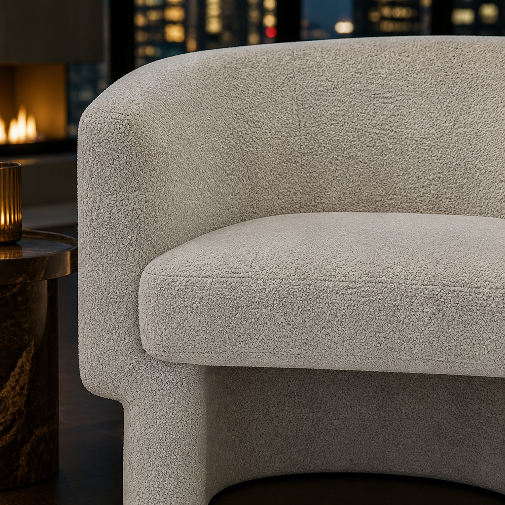 Boucle chair seat and curved-back detail
