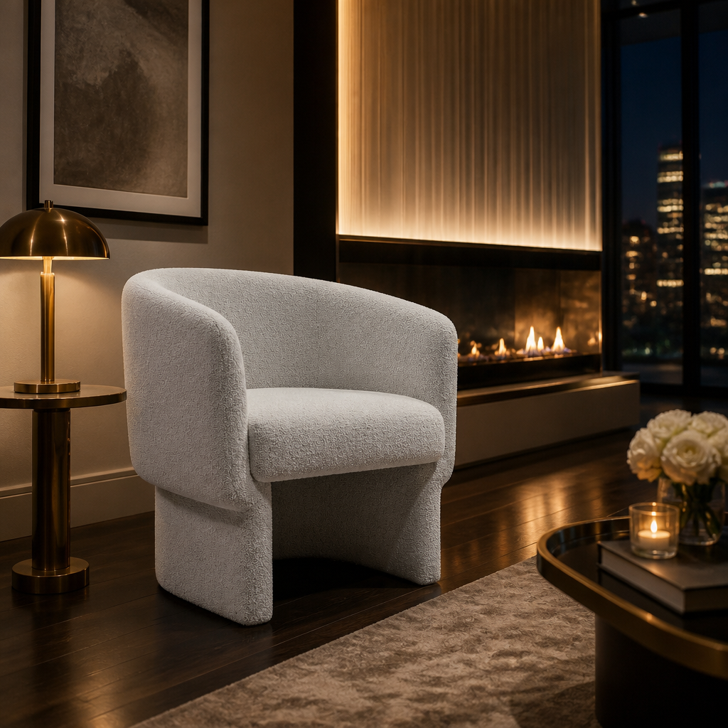 Pale boucle accent chair penthouse lifestyle