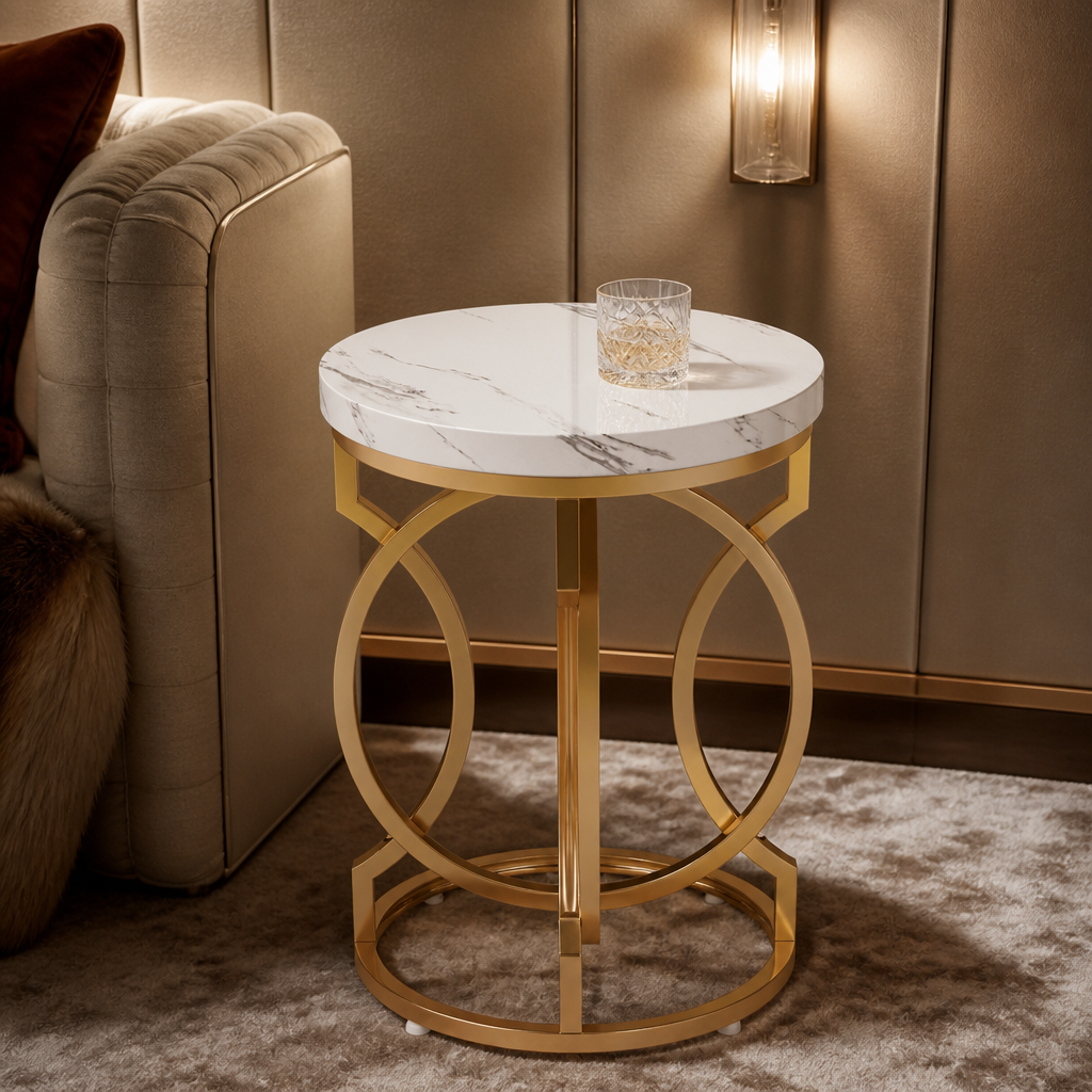White faux-marble and gold metal side table