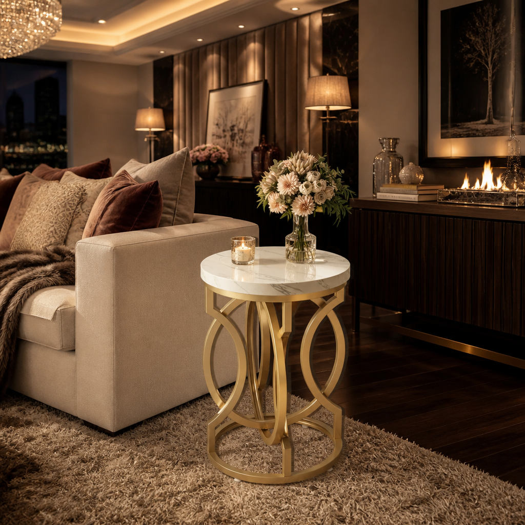 Gold loop-frame side table beside a cream sofa