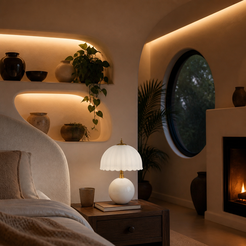 White mushroom lamp in curved bedroom