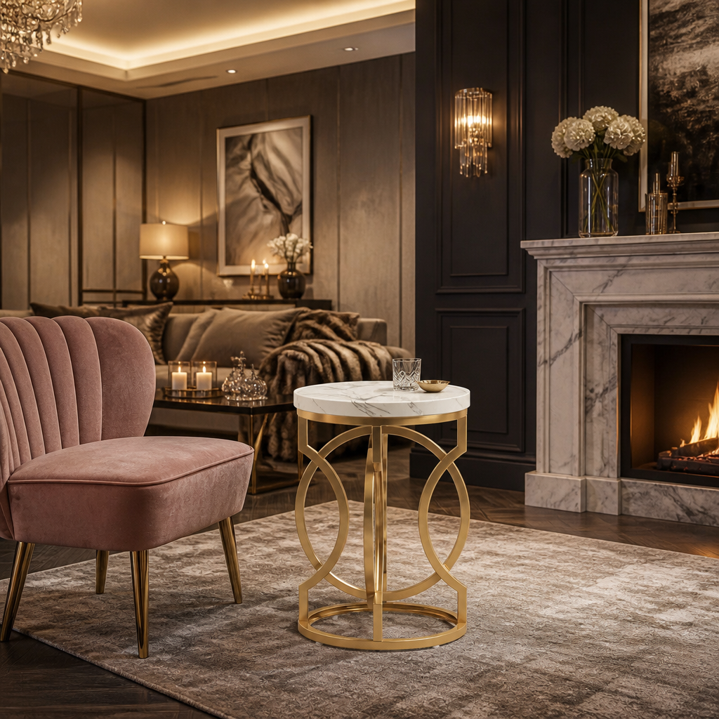 Gold and white side table by a velvet chair