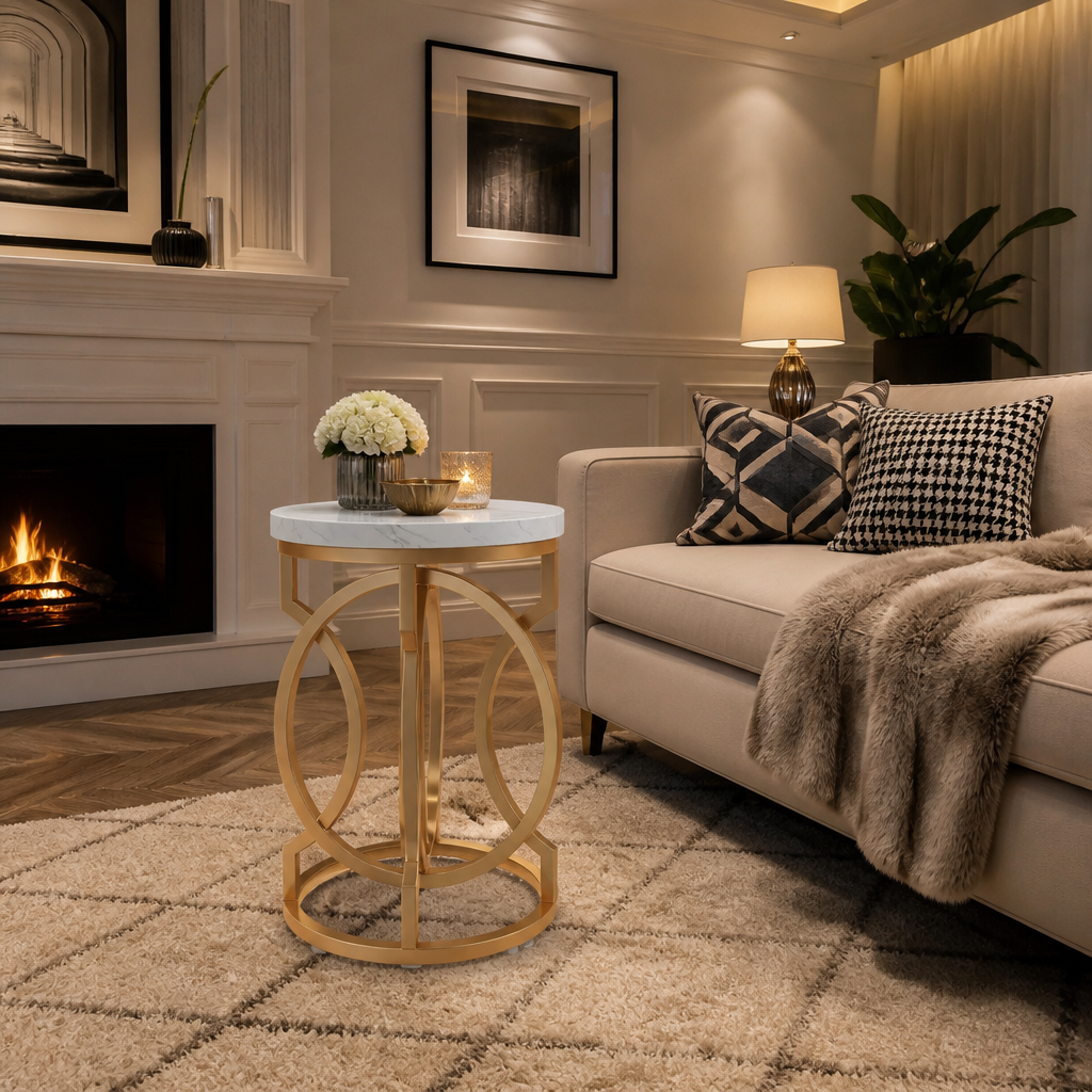 Gold loop side table in a bright living room