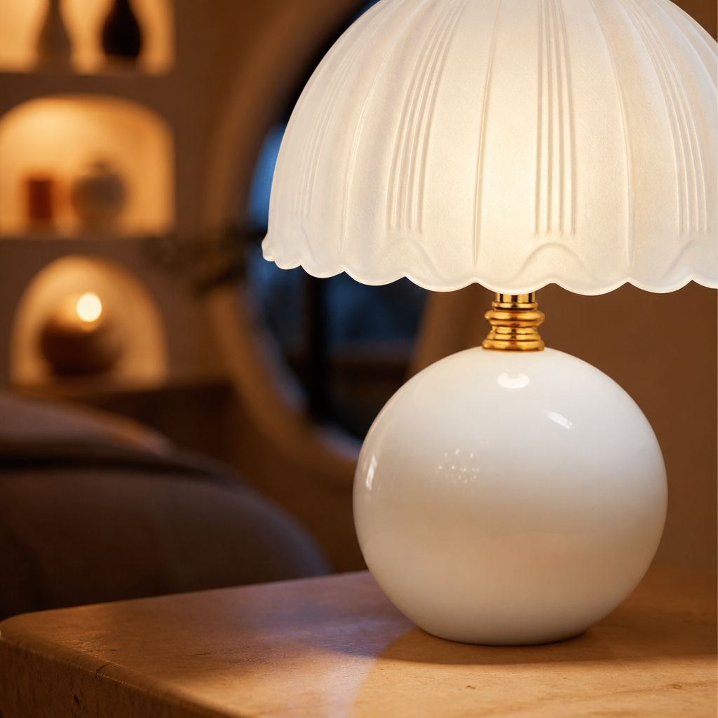 Ribbed glass shade and ceramic base detail