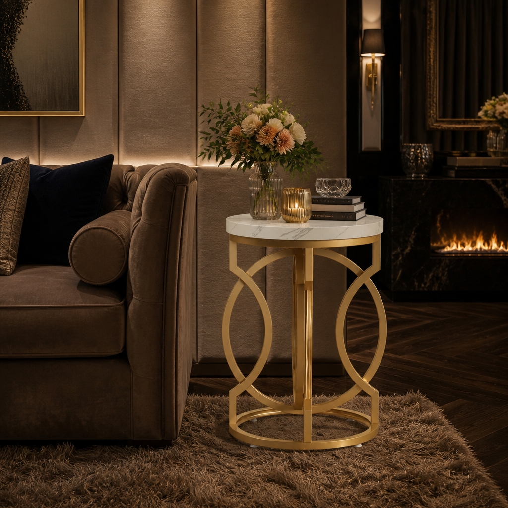 Gold metal side table against an upholstered wall