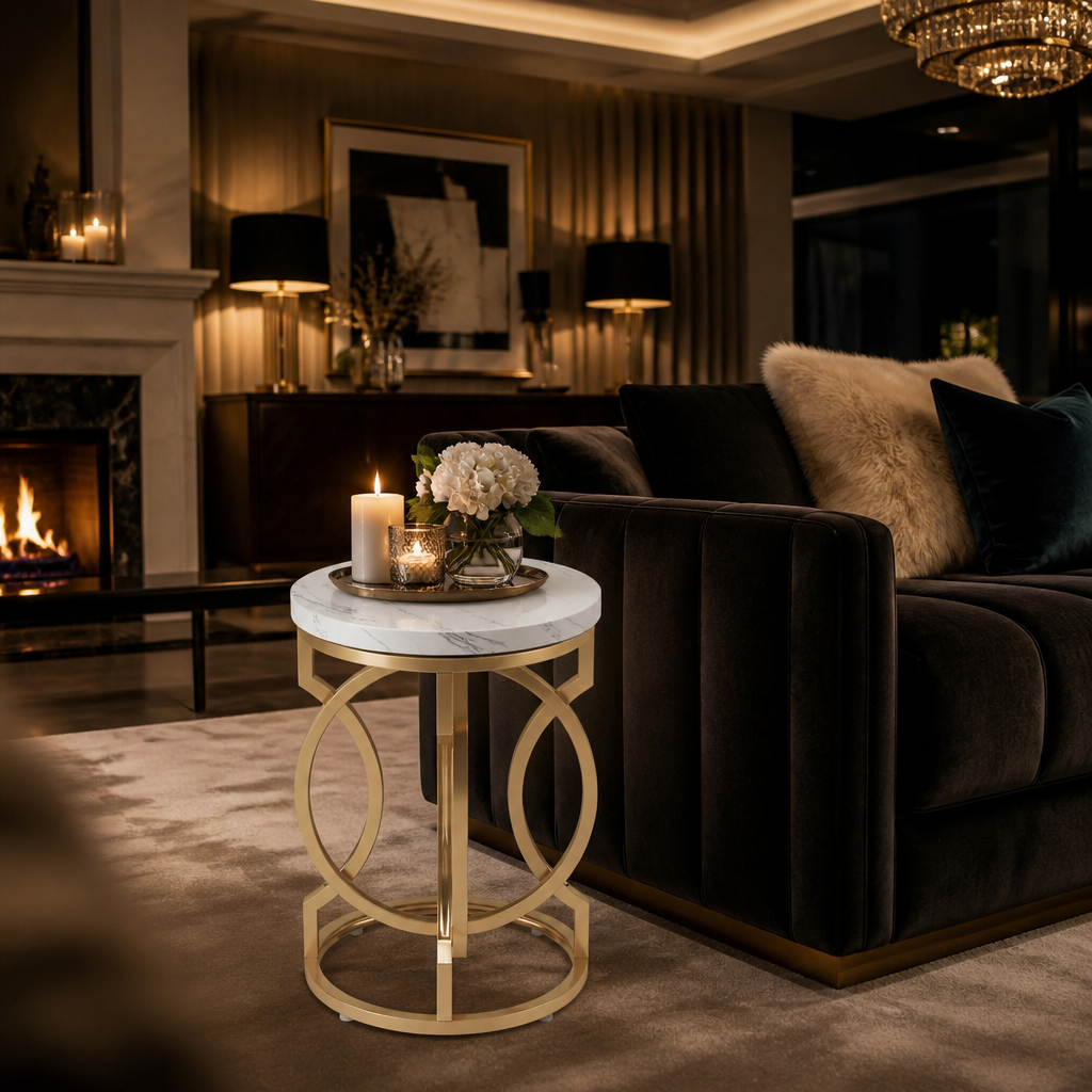 White and gold round side table variant