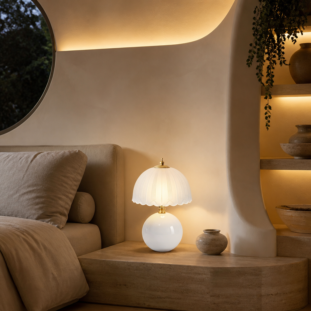 White mushroom table lamp bedroom lifestyle