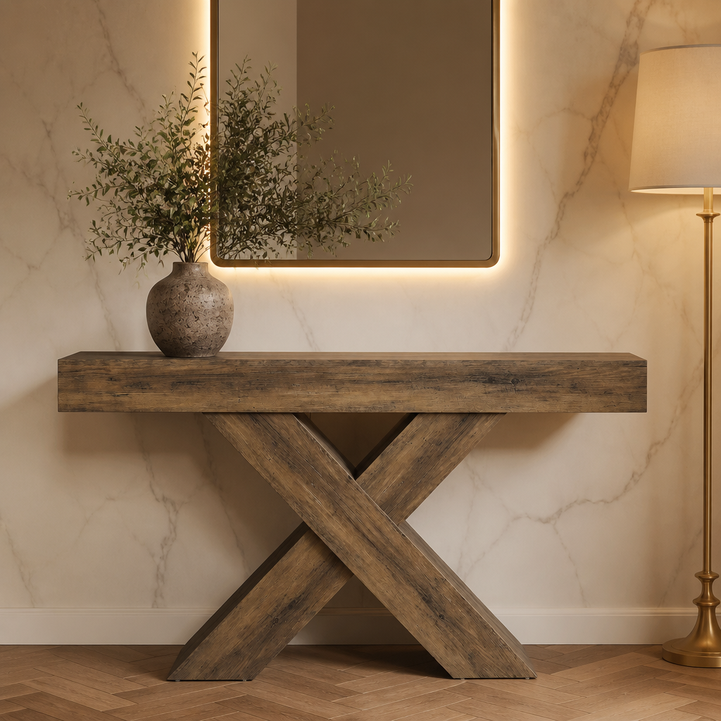 Rustic X-base farmhouse console table hero