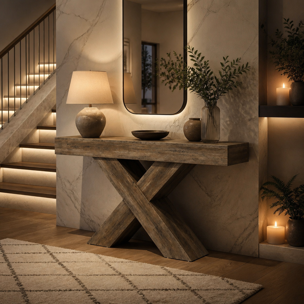 Farmhouse console table in marble entryway