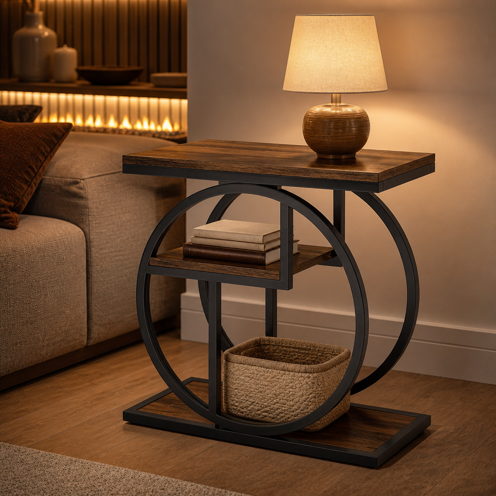 Narrow Industrial Wood Side Table in a styled interior — hero view